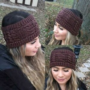 Headband Beanie with open slot hand knitted brown
